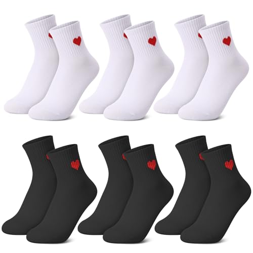 Utensilsto 6 Paar Damen Socken mit Rot Herz, Tennissocken Schwarz und Weiß Herzen SportSocken Frau aus Baumwolle Stylische Socke Motivsocken Sport Socken Women