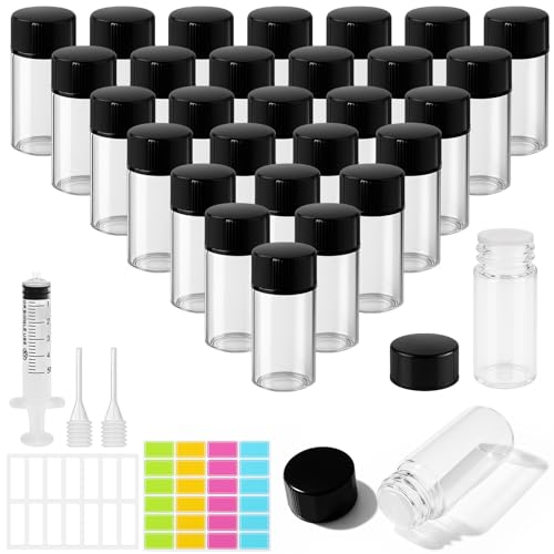 MirraSwit 30 Stück 3ml Probe Transparent Leere Glasflaschen, Mini Flasche Leer für Ätherische Öle, Tropfflasche Mini Glasflaschen mit Tropfer, Spritzen, Etiketten für Ätherisches Öl, Massage, Parfüm