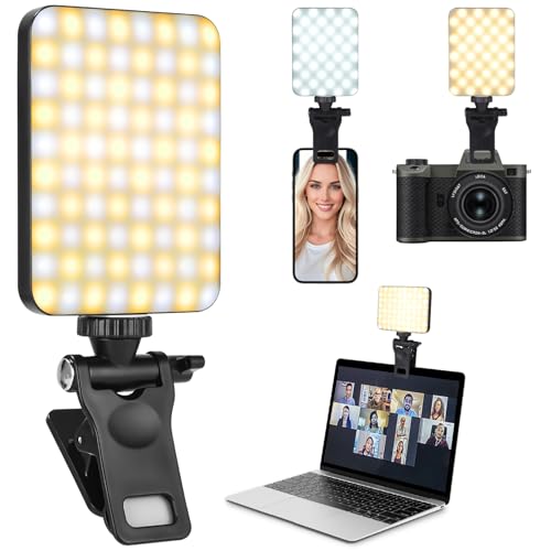 Selfie Licht mit Clip, 80 LED Videolicht Dimmbare, 3000-6500K 3 Lichtmodi und Helligkeit, Eingebauten Rechargeable Akkus CRI 95+, Led Videokonferenz Leuchte für Phone, iPhone, Android, iPad, Laptop