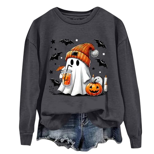 Halloween Sweatshirt Damen Halloween Kostüm Lustige Geist Grafik Oberteil Langarm Tops Baumwolle Sweater Locker Pullover Top Rundhals Sweatshirts Langarmshirt Karneval Festival(#B Dark Gray,XL)