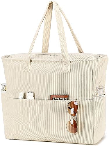 LEDAOU Große Strandtasche mit reißverschluss Damen Wasserdicht Umhängetasche Tragetasche shopper sanddicht mit Reißverschluss Pool Fitness Reisetasche familie(Cord Beige)