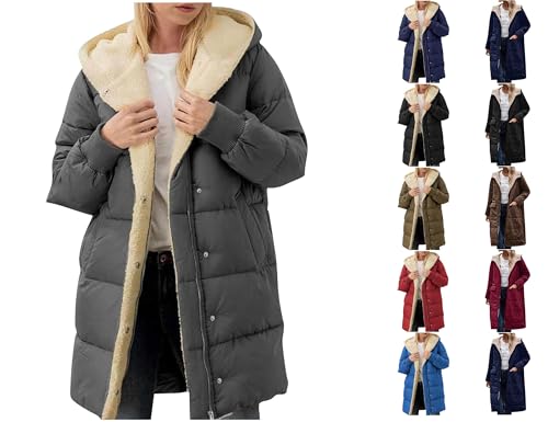 Guhmomh Winterjacke Damen Wintermantel Lange Steppjacke Warme Gefüttert Daunenjacke Langarm Parka mit Kapuze Winterparka Einfarbig Hoodie Reißverschluss Mantel Angebote Dunkelgrau M