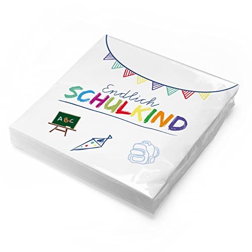 itenga Servietten Endlich Schulkind 30 x 30 cm 3-lagig 20 Stück für Einschulung Schulanfang 3lagig (weiss)