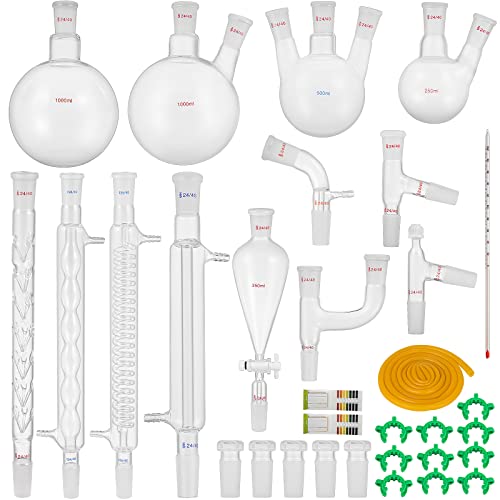 Chrisun Labor-Gläserwaren-Set, 32-teilig, Ausrüstung für Destillation, Labor, Chemie, Borosilikatglas, 3,3 Bio, Glaswaren, Labormaterial, Laborglas