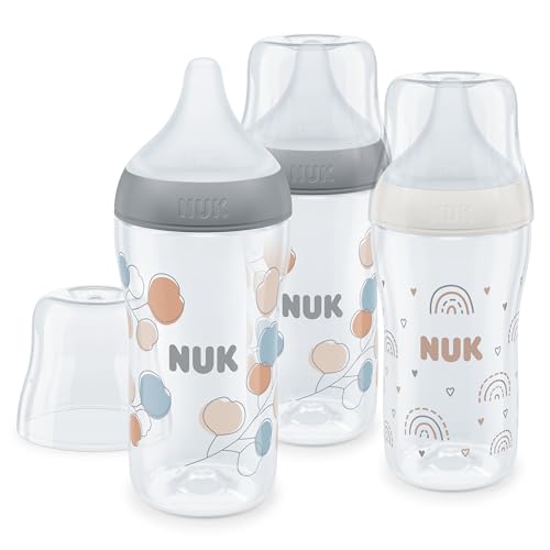 NUK Perfect Match Babyflaschenset | Ab 3 Monate | Passt sich dem Baby an | Temperature Control | Anti-Colic | 260 ml | BPA-frei | Silikontrinksauger, Medium | Regenbogen und Zweig | 3 Stück