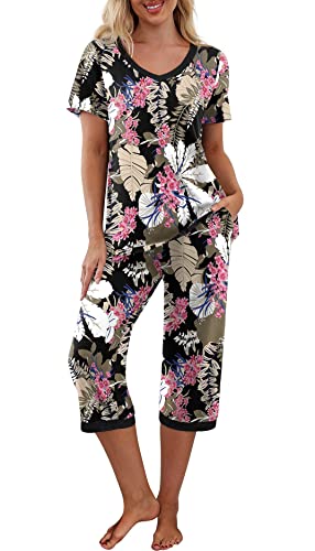 PrinStory Schlafanzüge Für Damen Kurzarm V-Ausschuss Schlafanzugoberteile Und Schlafanzughosen Mit Taschen Nachtwäsche Blumendruck (Blätter Blume, XL)