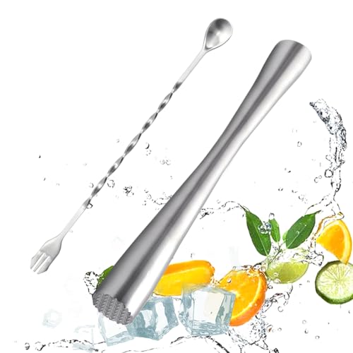 GYSRXS Cocktail Stampfer Edelstahl Mojito Stößel with Cocktail Mixing Spoon Crushed Ice Hammer Verwendet um Cocktail,Mojitos,Säfte zu Machen,Länge 26CM(Silber)