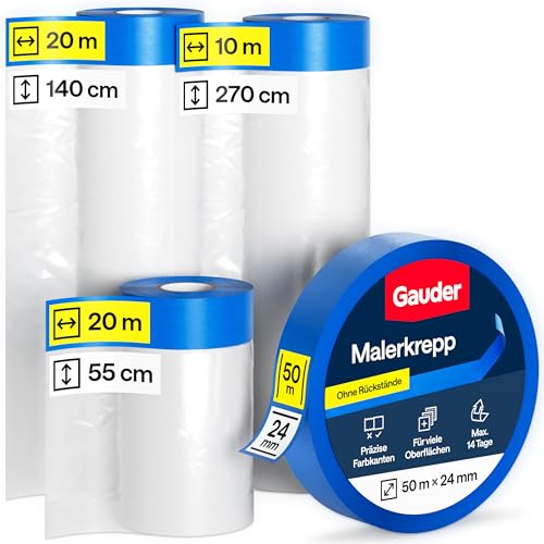 GAUDER 50 Meter Abdeckfolien-Set mit Klebeband (55 + 140 + 270 cm) mit Malerkrepp 24 mm x 50 m | 66 m² Malerfolie mit Klebeband | 3er Set Malerband Abklebefolie perfekt für Fenster, Türen und Schalter