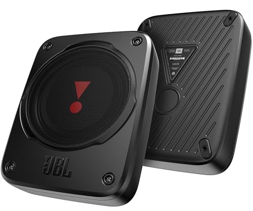 JBL BassPro Lite - Ultrakompakter 7" Aktiv Untersitz Subwoofer für Auto mit integriertem Verstärker für tiefen Bass - 200W - Pairing möglich, Schwarz