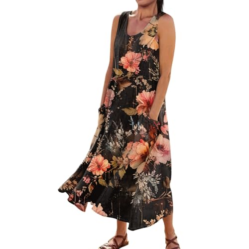 Ansenesna Maxikleid Damen Sommer Blumen Vintage Sommerkleid Damen Lang Elegant Sommerkleider Damen Leicht Und Luftig Kleider Frauen Ärmellos Kleid Blumenkleid Hohe Taille Damenkleider