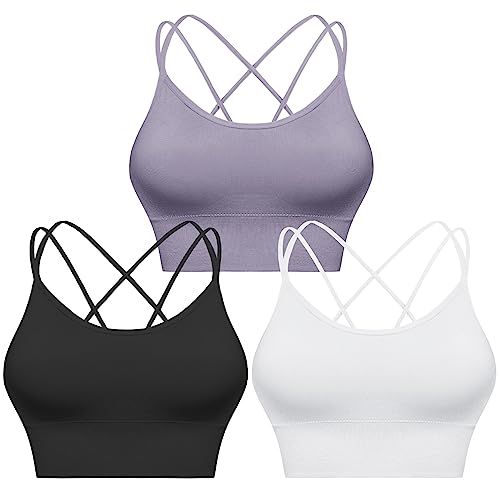 Sykooria Sport BH Damen Gepolstert Bustier Damen BH ohne Buegel Spaghettiträger Cross Back Design Push up BH Sport Bra Top für Yoga Fitness, Schwarz+Weiß+Violett S