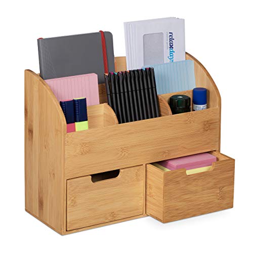 Relaxdays Schreibtisch Organizer, 6 Fächer, 2 Schubladen, für Büroutensilien, Bambus, Briefablage, 26x33x13,5 cm, natur