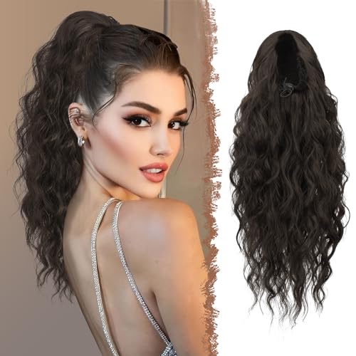 FESHFEN Pferdeschwanz Haarteil mit Kordelzug, Lange Wellen Zopf Verlängerung Haare Extensions Synthetik Wellig Haarverlängerung Clip in Ponytail für Damen, 45 cm Dunkel Braun