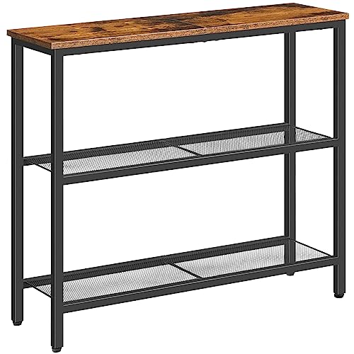 HOOBRO Schmaler Konsolentisch, Beistelltisch mit 2 Ablagen, Sofatisch, Flur, Eingang, Wohnzimmer, Schlafzimmer und Büro, Vintagebraun und Schwarz EBF73XG01