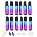 12PCS 10ml Ätherische Öle Roller Flaschen,Farbverlauf Roller Flaschen Glas Roll-on-Flaschen mit Trichter/Öffner/Etiketten,für ätherische Öle Massage Parfüm Flaschen