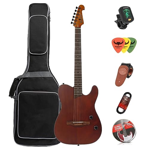 Acoustic Guitar Silent Nylon 6 String Travel Electronic Classical Guitar Portable Built in Effects Acoustic Steel String Guitars Acoustic Guitar Case Bag, Strap, Steel Strings, Tuner (Folk)…