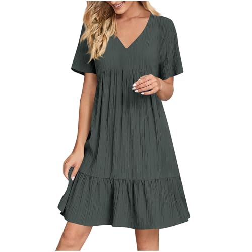 Damen Sommerkleider Knielang Strandkleid mit Rüschen Saum Elegant Boho Sommerkleid Rot Sommer A Linien Kleid Kurzarm Plissee Minikleid Leichte Blusenkleid Shirtkleid Summer Dresses for Women