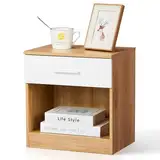LEADZM Nachttisch 2er Set Nachtschrank Schlichter Beistelltisch Kommode mit offenem Fach und 1 Schublade für Schlafzimmer, Wohnzimmer Eichen Farbe&Weiß 39 x 29 x 41cm