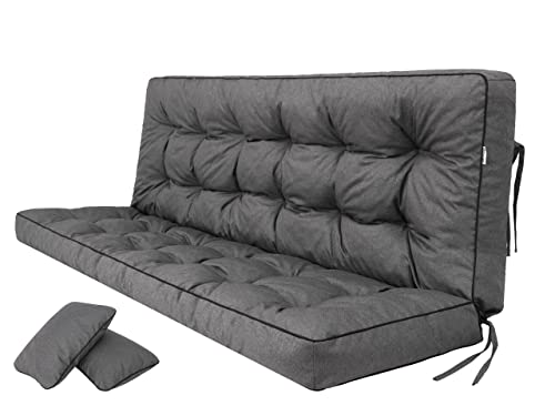 PillowPrim Graphit Sitzauflage für Hollywoodschaukel, Gartenschaukelkissen 180 cm, Bequeme Bankauflage mit Rückenlehne, Wohnwagen Geeignet