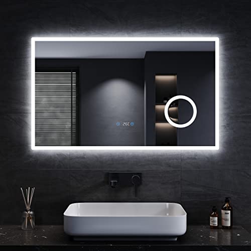 SONNI LED Badspiegel 100x60 cm Badezimmerspiegel mit Beleuchtung 3 einstellbare Lichtfarbe Lichtspiegel Wandspiegel mit Touchschalter, Uhr, Temperatur, 3-Fach Vergrößerung