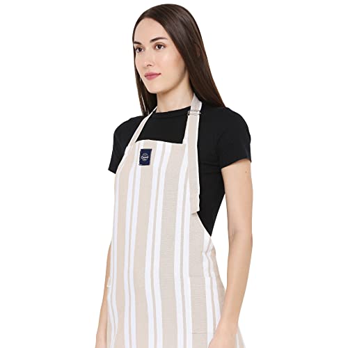 Encasa Homes Verstellbare Küchen Schürze mit Taschen und Handtuchhalter, 68x85 cm, recycelte Baumwolle, für Zuhause, Restaurant, Männer & Frauen, Kochen, Backen - Franca Beige Streifen