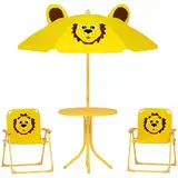 AIYAPLAY Kindersitzgruppe mit Sonnenschirm Höhenverstellbar Kindersitzgarnitur Kindertisch mit 2 Klappstühlen Sitzgarnitur Kinder Sitzgruppe Outdoor Gartenmöbel für Garten Strand, Gelb