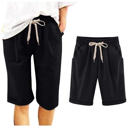 Denim Shorts Faltensaum Gerades Bein Freizeithose Hohe Taille Sport Lockere Lässige Modehose Happy Herren L(Schwarz,L)