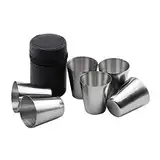 Wandefol Edelstahl Schnaps-Becher, Shot-Gläser im 7er Set, 6 Unzerbrechliche Schnaps-Becher, Schnaps-Gläser aus Metall, Metall-Becher mit Leder-Tasche Schnapsgläser