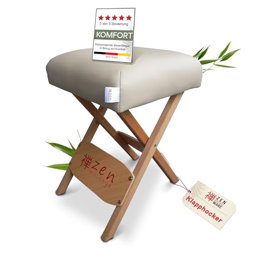 Zen tragbarer Klapphocker faltbar aus Holz 48 x 33 x 33 cm vielseitige Hocker ideal als Massage Zubehör Falthocker, Friseurhocker, Kosmetikhocker, Arzthocker - Klappstuhl geplostert & bequem (Cremé)