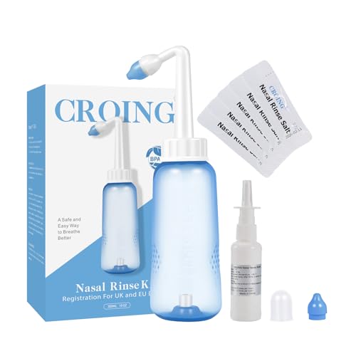 CROING 40 x Salz + 1 x Nasendusche (300 ml) + 1 x Nasensprayflasche (50ml) - Neti Pot, Nasenspülung - Nasenreinigung Nase Spülen