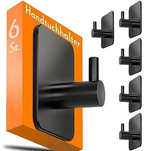 4smile Handtuchhalter ohne Bohren - 6 Stück schwarze Handtuchhaken Bad Edelstahl rostfrei als praktische Klebehaken - Hochwertige Haken selbstklebend, Wandhaken, klassisches Design