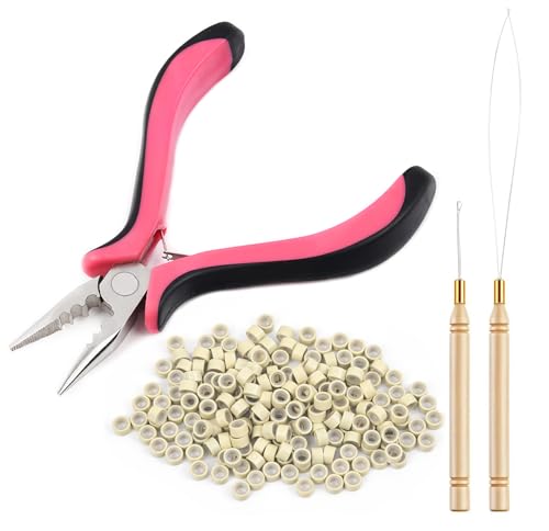 Vlasy Haarverlängerungszange Kit mit 1 Stück 3 Loch Hair Extensions Zange und 100 Stück 5mm Microringe 1 Stück Microring Nadel Einfädler 1 Stück Ziehen Haken für für Haarverlängerungen(Blond)