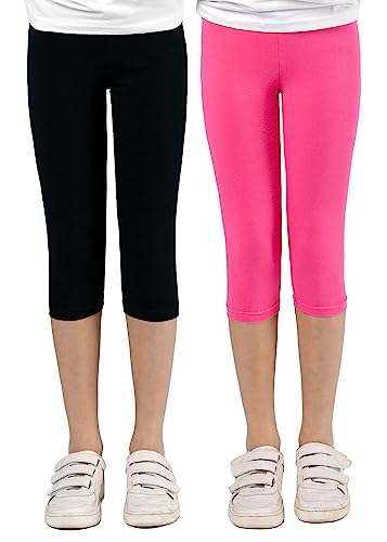 Capri Leggings Mädchen - 3/4 Hose, bequem, elastisch, vielseitig kombinierbar - Farben: Blau, Schwarz, Pink, Weiß, Größen: 92-176 (140, 2er-Pack Schwarz/Pink)