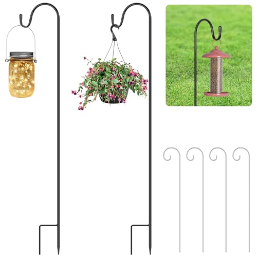 OFFCUP Schäferhaken 75cm, 2pcs Hirtenhaken mit 4 Pflanzenschild-Metallstangen, Garten Doppelhaken Laternenstab, Metall Gartenstab mit Haken Laternenstab Hirtenbogen-Haken für Vogelkäfige Pflanzkörbe