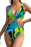 SHEKINI Damen Einteiliger Bauchweg Badeanzug Tiefen V Ausschnitt Raffungen Bademode Rückenfrei Monokini Gedruckt Strandmode Swimsuit(M,Grün)