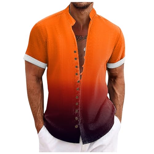 Outdoor Hemd Herren, Herren Hemden Kurzarm BüGelfrei, Knopfleiste Stehkragen Freizeithemd Urlaub Casual Sommerhemd Farbverlauf Freizeit Hawaiihemd Funky Strandhemd KurzäRmeliges Henley Shirt