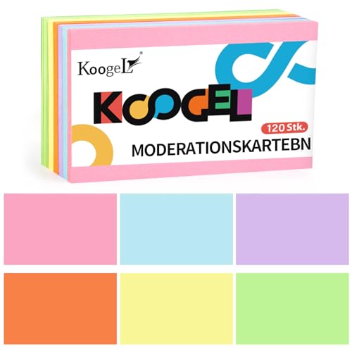 Koogel 120 Blätter Blanko Karteikarten, Lernkarten Moderationskarten 6 Farben farbig sortiert Rechteckig 12,5 cm x 7,5 cm für Vokabel Lernen Büro Schule Präsentation Moderation