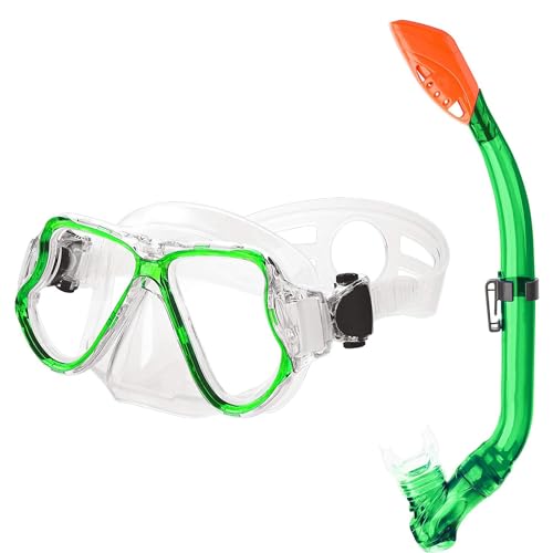 Nanologic Schnorchelset Kinder, Schnorcheln Taucherbrille aus Gehärtetem Glas, Brille mit 180° Panorama Sichtfeld, Tauchmaske Schnorchelmaske Tauchen Set Wasserdicht für Mädchen Junge - Grün