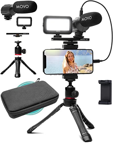 Movo iVlogger Vlogging-Kit für das iPhone - Lightning-kompatibles Video Vlogging Set - Zubehör: Handy Stativ, Handyhalterung, LED-Licht und Richtmikrofon - YouTube Starter Set oder iPhone Vlogging