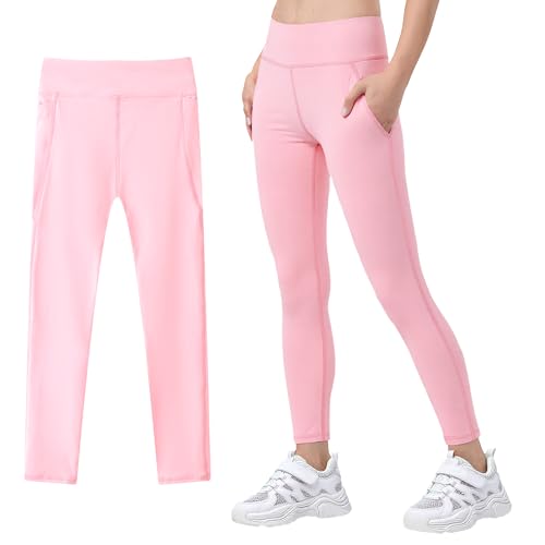 JinBei Sporthose Mädchen Leggings mit 2 Taschen Sportleggings Hohe Taille Elastisch Sportkleidung Kinder Atmungsaktive Lang Gymnastikhose Jogging Training Hose für 8-9 Jahre, GR.134-140, Rosa