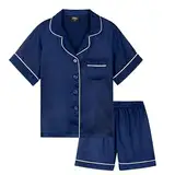 CityComfort Silk Pyjama Set für Mädchen, Kurze Schlafanzughose & Kurzärmliges Oberteil mit Kragen & Knopfleiste - Geschenke für Mädchen (Dunkelblau, 11-12 Jahre)