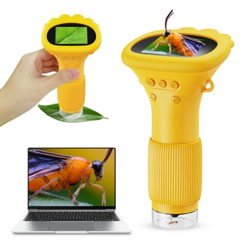 Handy-Mikroskop für Kinder, Ashfly 200X tragbares Taschenmikroskop, 2,0" IPS-Bildschirm USB Microscope LED Lights -Anschluss an PC, Mini-Mikroskop draussen ab 3 Jahren-Orange(Bildungsgeschenk)