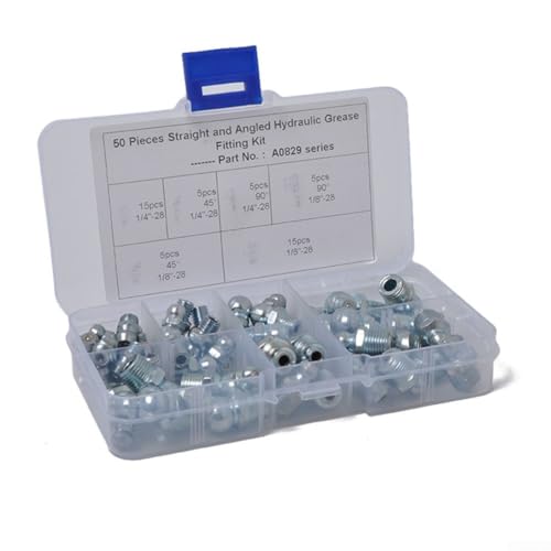 Oniissy 50-teiliges Schmiernippel-Set, Kohlenstoffstahl, Zerk-Nippel, 45/90/180 Grad Winkel, 1/4 Zoll, 1/8 Zoll Größen, rostbeständige Schmierverbinder mit Organizer-Koffer