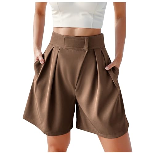 Tennis Shorts Damen Damen-Shorts mit weitem Bein hoher Taille, Sommer, lässige A-Linien-Shorts mit Taschen Pyjama Damen Langarm Mit Shorts (Brown, S)