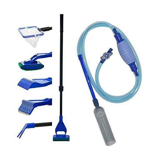 QIODAZOO Aquarium Zubehoer, Aquarium Wasserwechsel und 5 in 1 Aquarium Reinigungs Set, Fischnetz, Algenschaber, Löffelnetz, Kies Rechen, Pflanzengabel