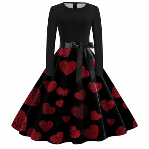 MKIUHNJ Frauen Vintage Langarm O Valentinstag Druck 1950er Jahre Hausfrau Abend Party Abschlussball Party Strandkleid Figurbetonte Kleider Maxikleid Langarm Festlich