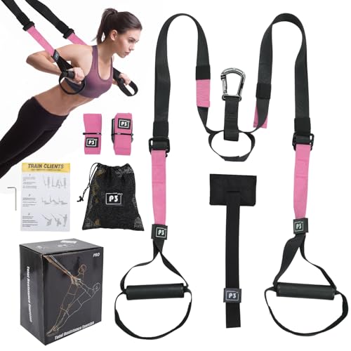 Schlingentrainer für ein Ganzkörpertraining für Home Gym Der Sling trainer wird mit einer eigenen Netztasche zur Aufbewahrung und einer Anleitung für das Training zu Hause geliefert (Rosa)