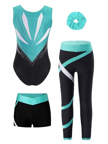 Miutii 4tlg.Mädchen Turnanzug Glitzer Gymnastikanzug mit Shorts Hose und Haargummi Ärmellos Ballettanzug Gymnastik Leotard Eislaufen Tanzkostüm Blau Grün 122-128