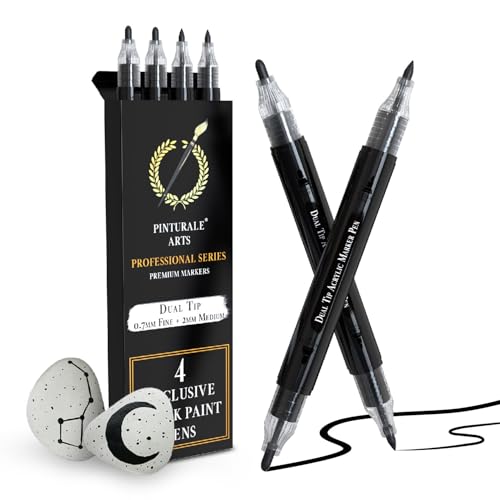 Pinturale Arts Acrylstifte Schwarz | 4er Set Acrylstifte Für Steine Mit Doppelspitze (Feine 0,7mm und 3mm) | Acrylstift Schwarz Für Steine, Metall, Keramik, Holz, Glas