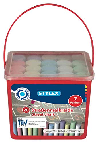 Stylex 48104 - Straßenkreide im 20er Eimer, eckige Straßenmalkreide zum Bemalen von Asphalt und Pflasterstein, sortiert in 7 Farben